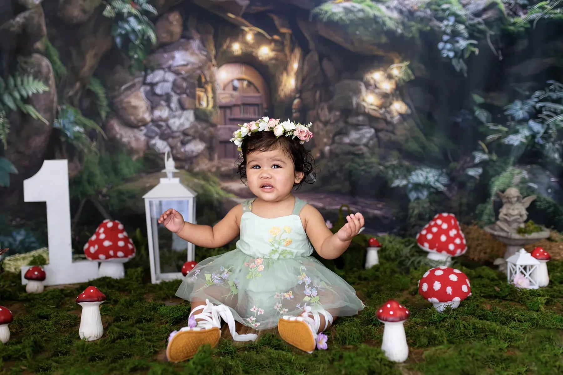 Kate Painterly Hobbit Gnome Elf Fairy Home on Rocks in Forest Backdrop Designed by Mini MakeBelieve