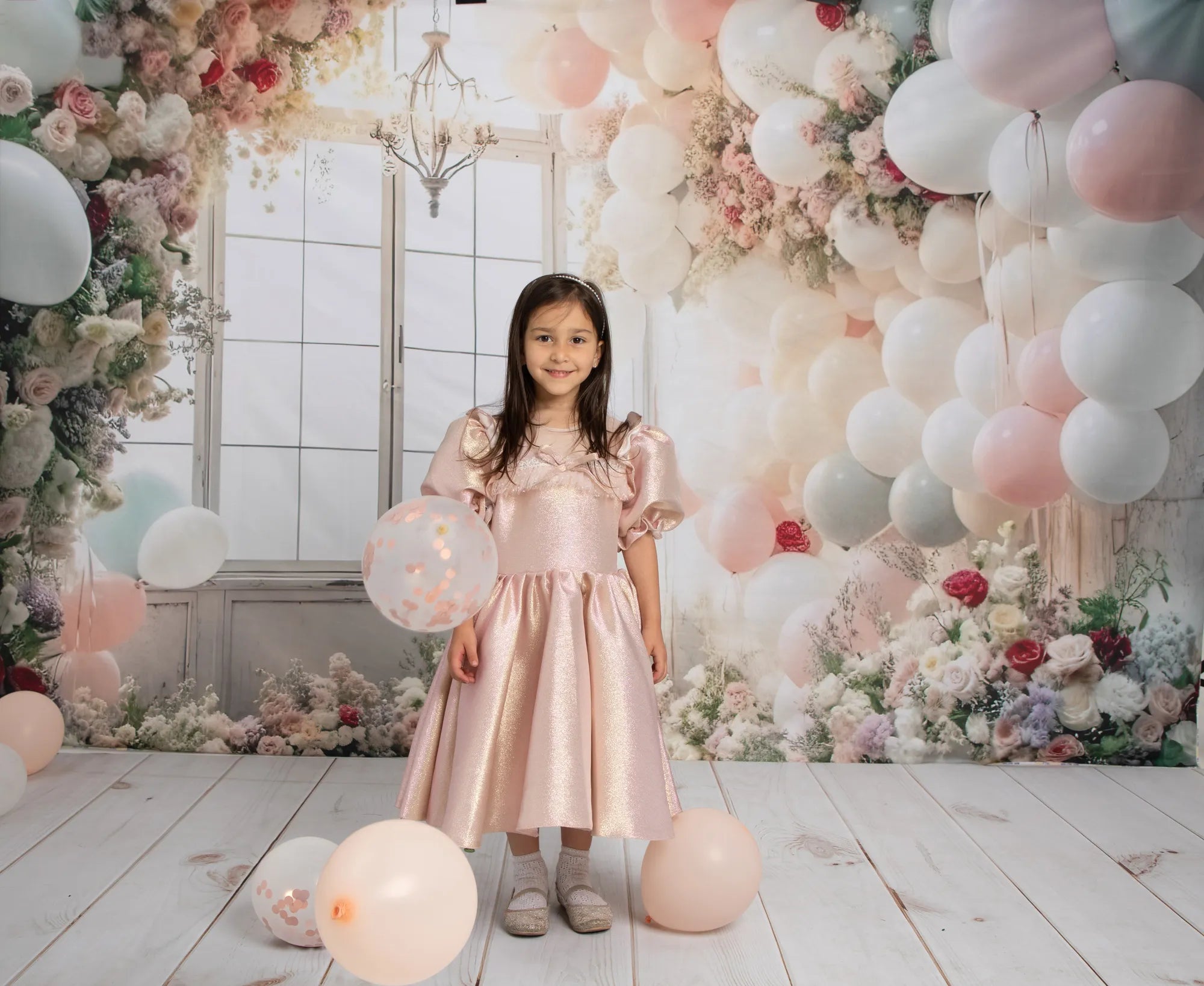 Kate Spring Pastel Balloon Floral Window Birthday Backdrop Designed by Mini MakeBelieve
