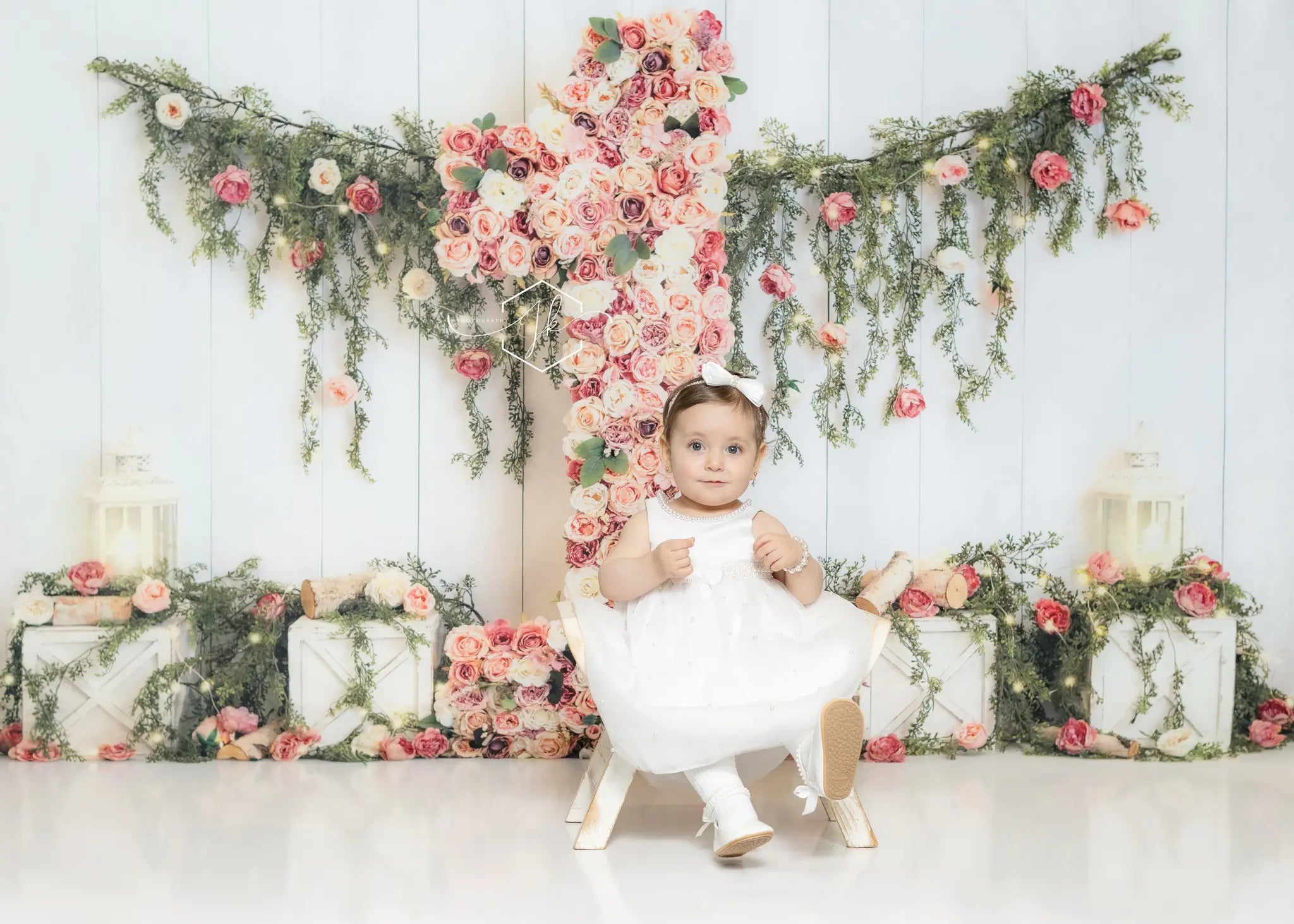 Kate One Floral Garden Spring Cake Smash Printed Backdrop Designed by Megan Leigh Photography