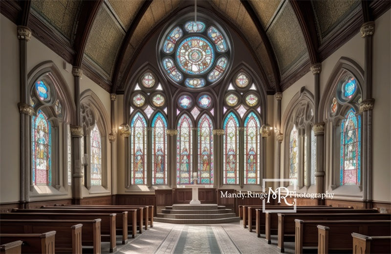 Kate Church Interior with Stained Glass Windows Wedding Backdrop Designed by Mandy Ringe Photography