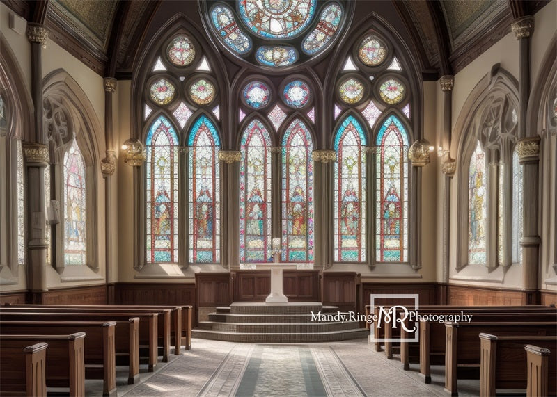 Kate Church Interior with Stained Glass Windows Wedding Backdrop Designed by Mandy Ringe Photography