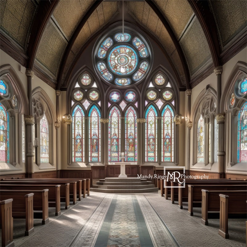 Kate Church Interior with Stained Glass Windows Wedding Backdrop Designed by Mandy Ringe Photography