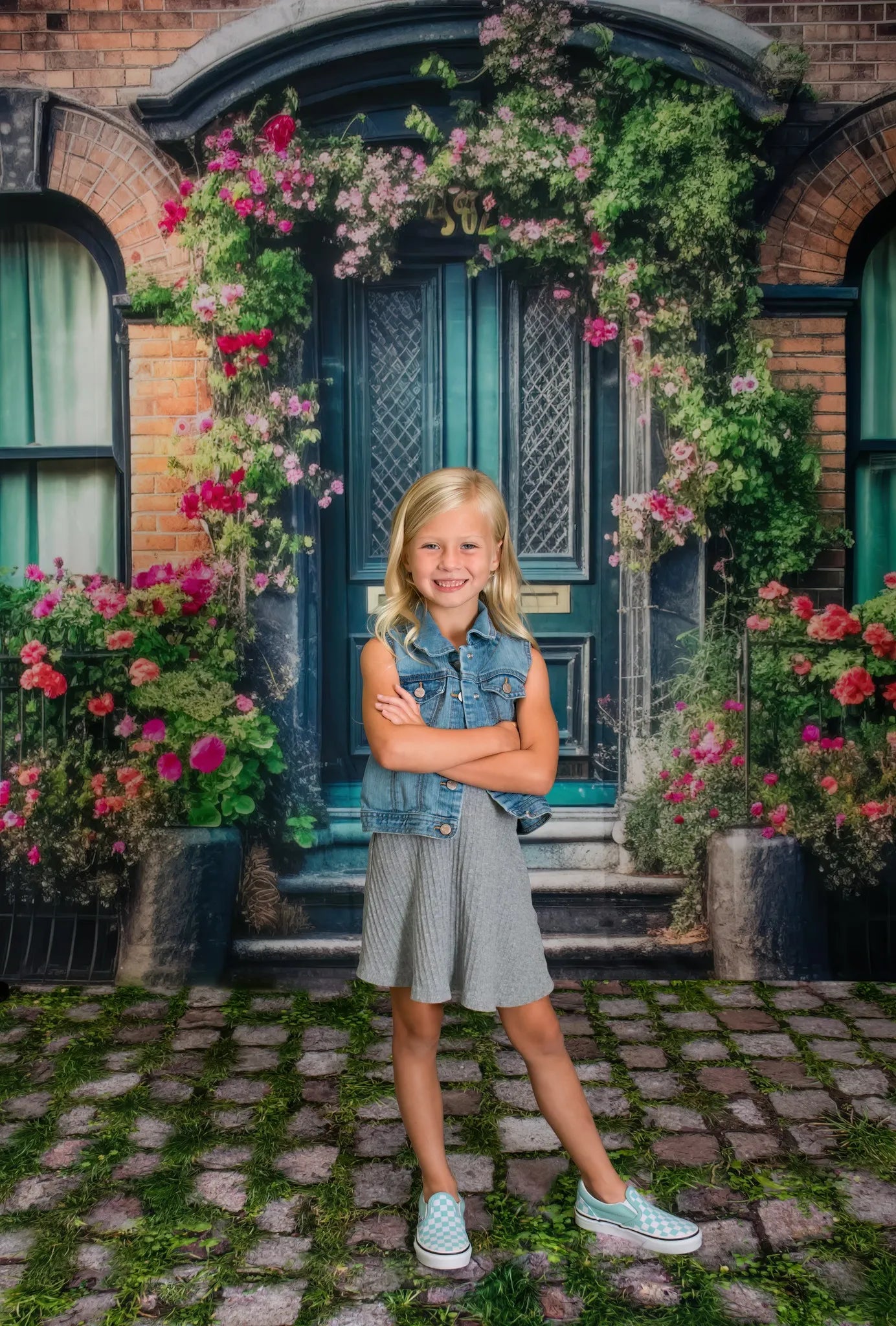 Kate Colorful Spring Flowers with Teal Door Backdrop Designed by Mandy Ringe Photography