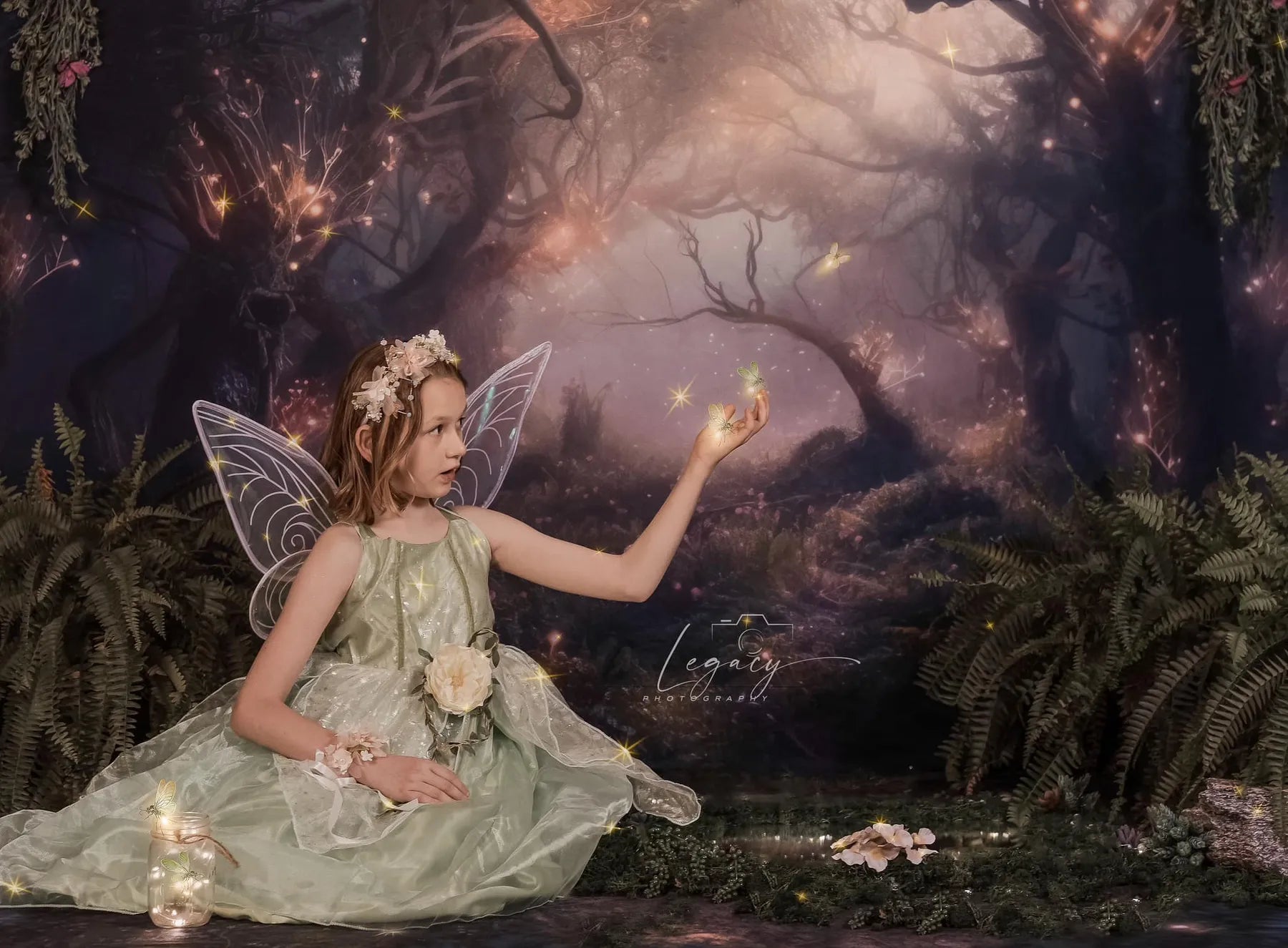 Kate Enchanted Fairy Forest Floor at Night Lights Backdrop Designed by Mandy Ringe Photography