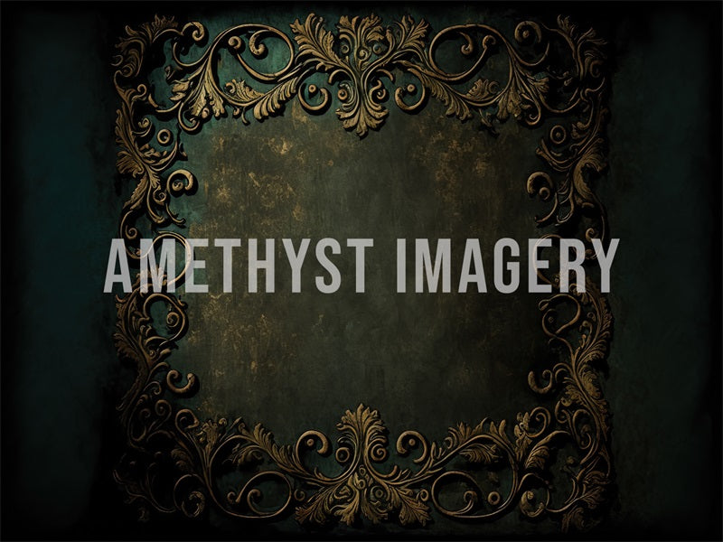 Sfondo murale verde scuro con texture e dettagli in oro progettato da Angela Miller