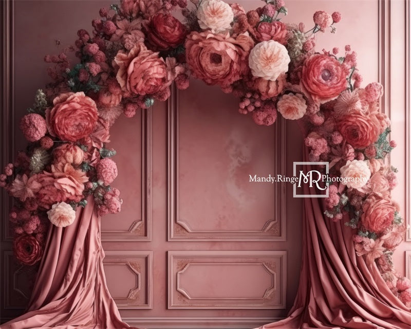 Kate Pink Floral Arch Wall with Fabric Backdrop Designed by Mandy Ringe Photography