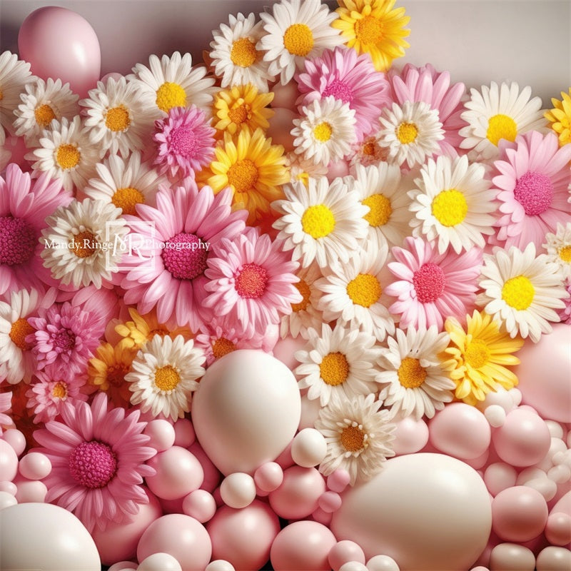 Kate Pink Yellow White Balloon Wall with Daisies Backdrop Designed by Mandy Ringe Photography