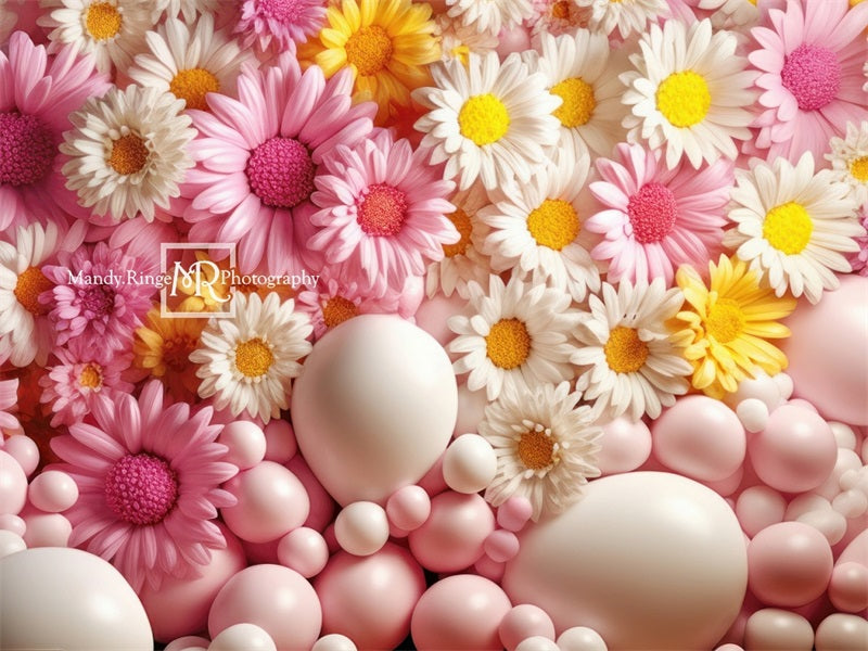 Kate Pink Yellow White Balloon Wall with Daisies Backdrop Designed by Mandy Ringe Photography