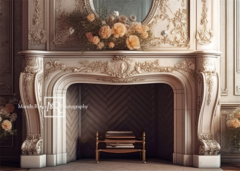Kate Victorian Fireplace with Flowers Boudoir Backdrop Designed by Mandy Ringe Photography