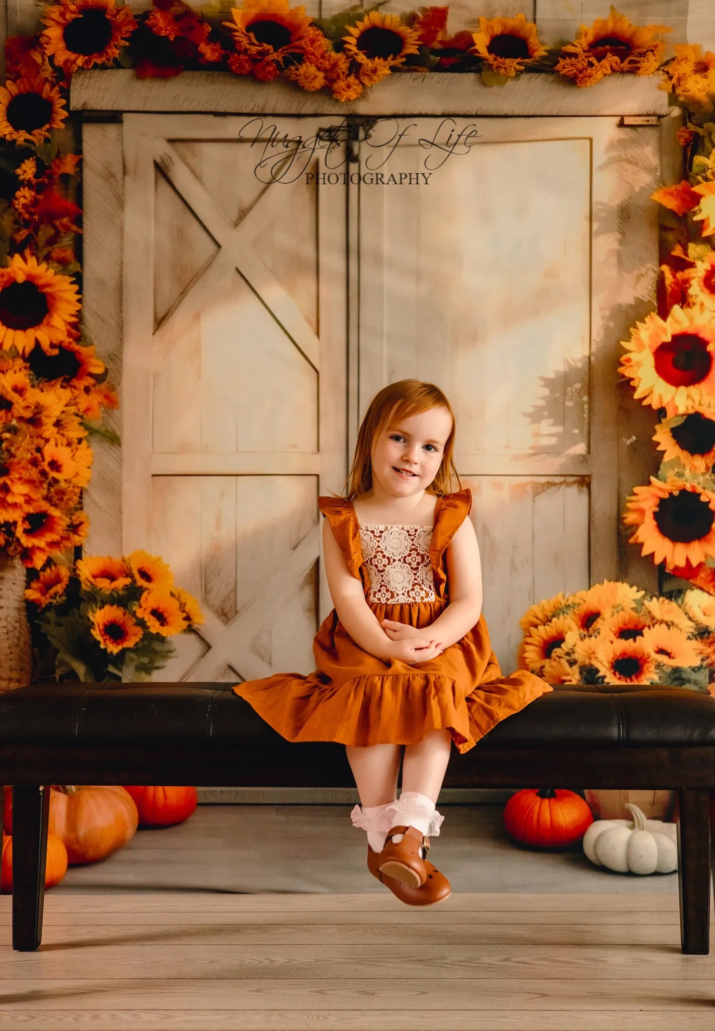Kate Autumn Sunflower Pumpkin Barn Sun Backdrop Designed by Chain Photography