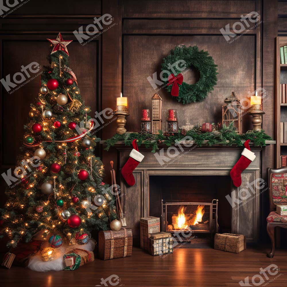 Kate Retro Christmas Tree Fireplace Santa Warm House Book Backdrop for Photography