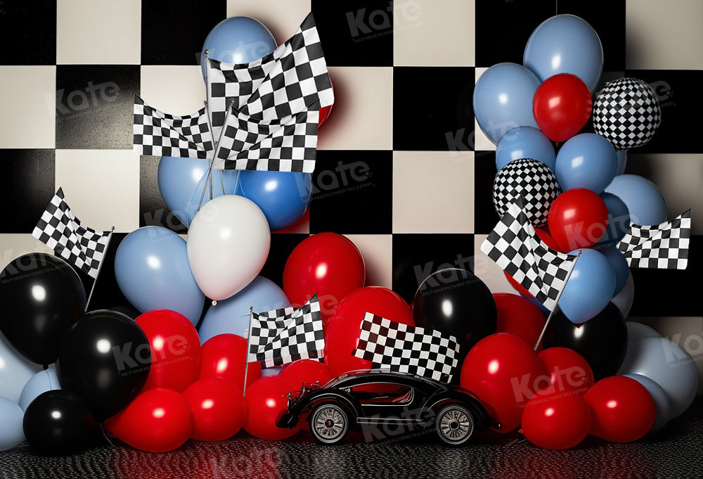 Kate Birthday Race Car Checkered Flag Balloon Cake Smash Backdrop for Photography