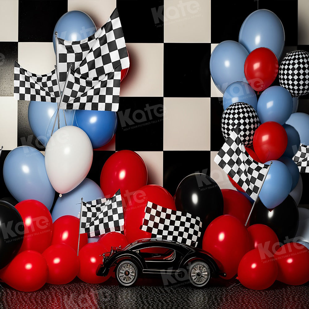 Kate Birthday Race Car Checkered Flag Balloon Cake Smash Printed Backdrop for Photography