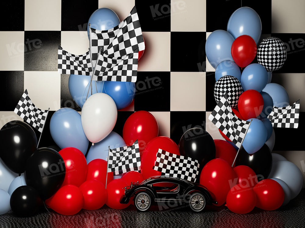Kate Birthday Race Car Checkered Flag Balloon Cake Smash Printed Backdrop for Photography