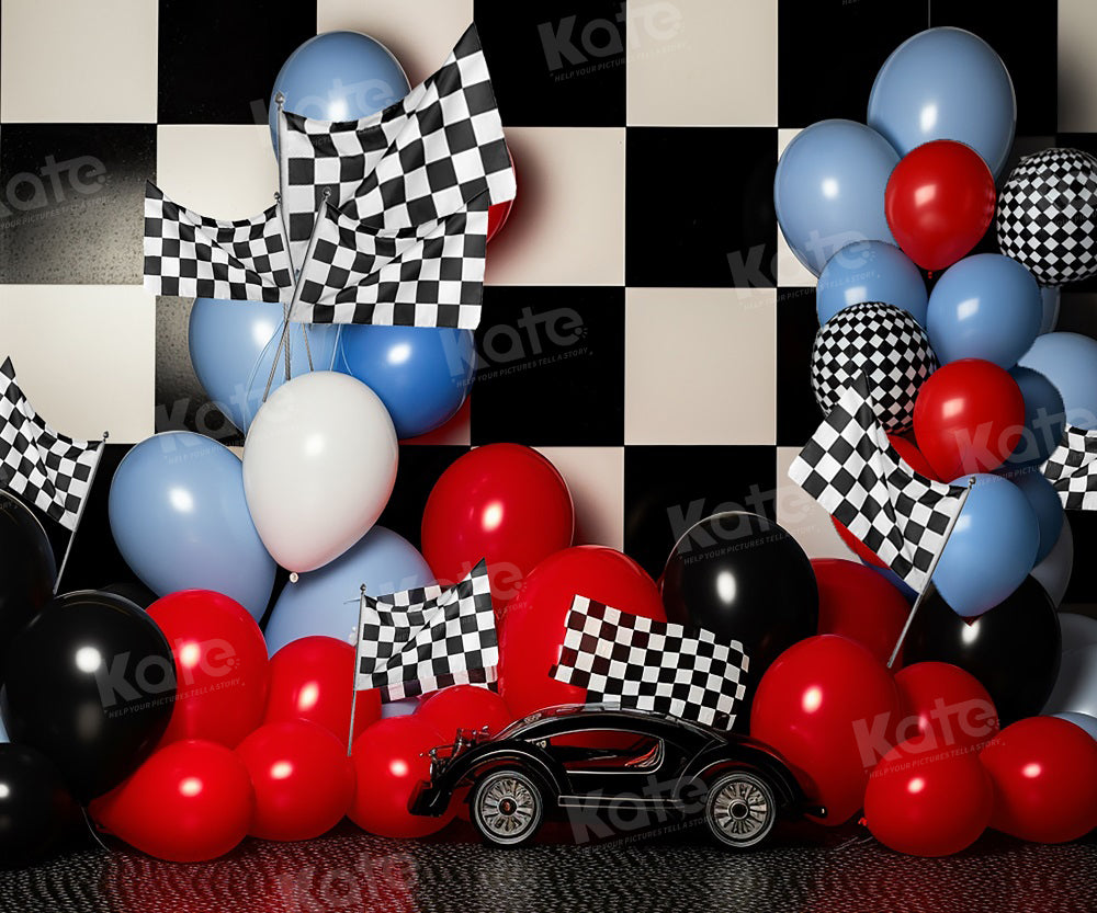 Kate Birthday Race Car Checkered Flag Balloon Cake Smash Printed Backdrop for Photography