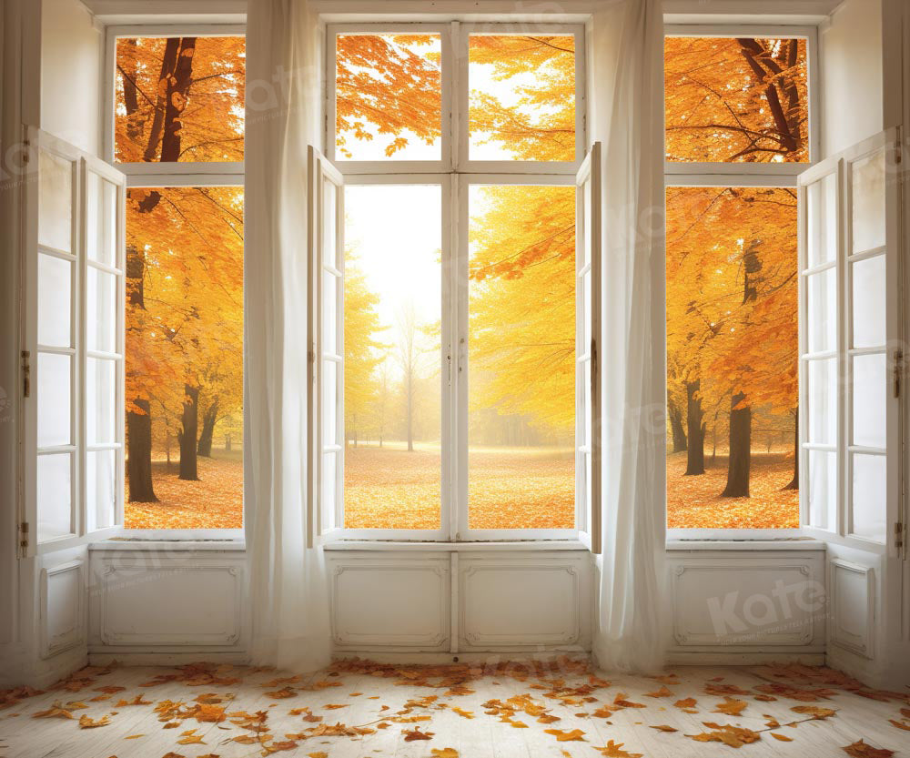 Kate Autumn Window Leaf Golden Forest Backdrop Designed by Chain Photography