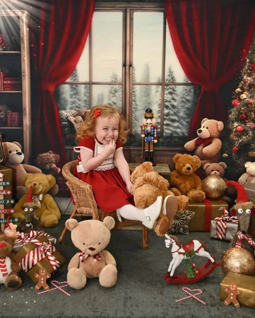 Kate Christmas Window Red Curtain Teddy Bear Backdrop Designed by Chain Photography