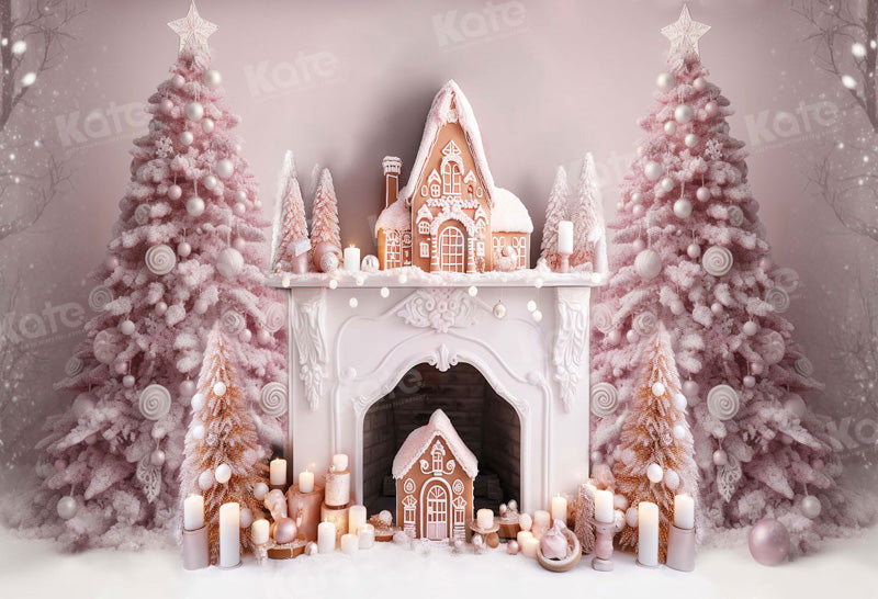Kate Christmas Pink Tree Fireplace Gingerbread House Backdrop For Phot kate-christmas-pink-tree-fireplace-gingerbread-house-backdrop-for-phot
