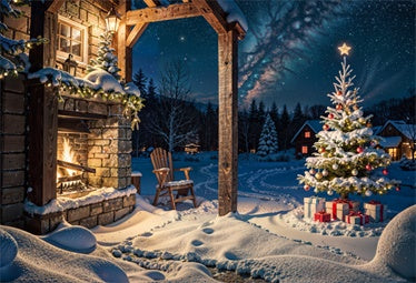 Kate Outdoor Christmas Tree Before Fireplace Backdrop for Photography
