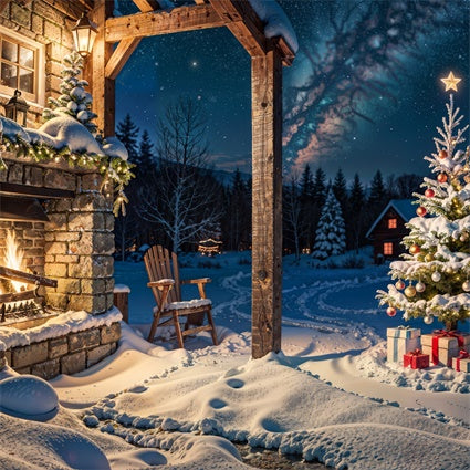 Kate Outdoor Christmas Tree Before Fireplace Backdrop for Photography