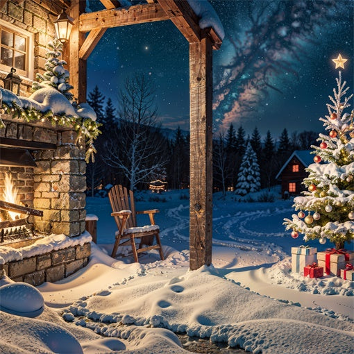 Kate Outdoor Christmas Tree Before Fireplace Backdrop for Photography