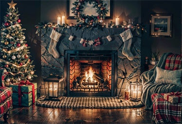 Binnenkerst kamer open haard achtergrond voor fotografie