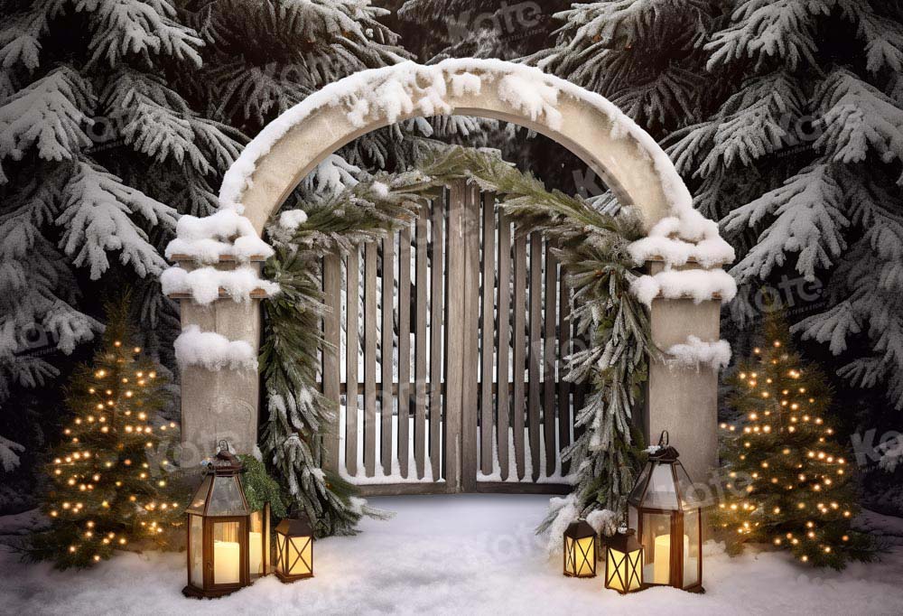 Kate Christmas Outdoor Snowy Gate Tree Light Backdrop Designed by Chain Photography