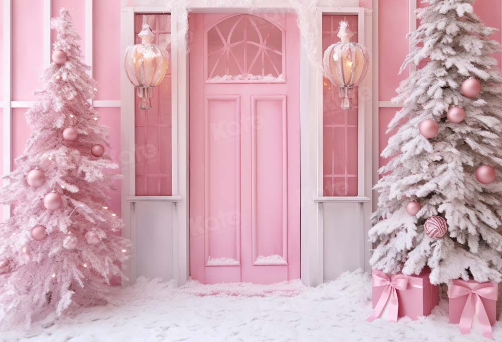 Kate Christmas Pink Door House Tree Backdrop Designed by Chain Photography