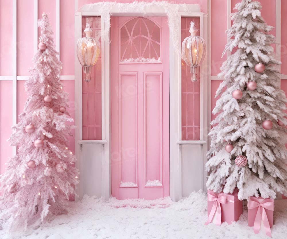 Kate Christmas Pink Door House Tree Backdrop Designed by Chain Photography