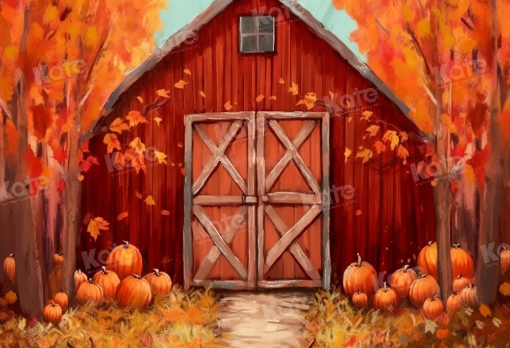 Kate Autumn Red Barn Pumpkin Printed Backdrop Designed by Chain Photography