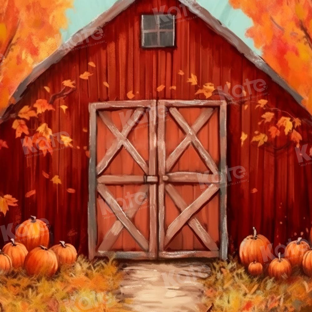 Kate Autumn Red Barn Pumpkin Printed Backdrop Designed by Chain Photography