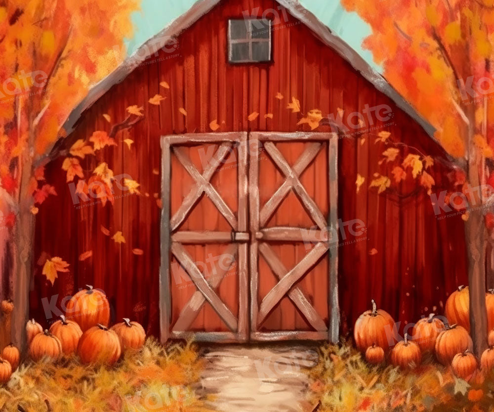 Kate Autumn Red Barn Pumpkin Printed Backdrop Designed by Chain Photography