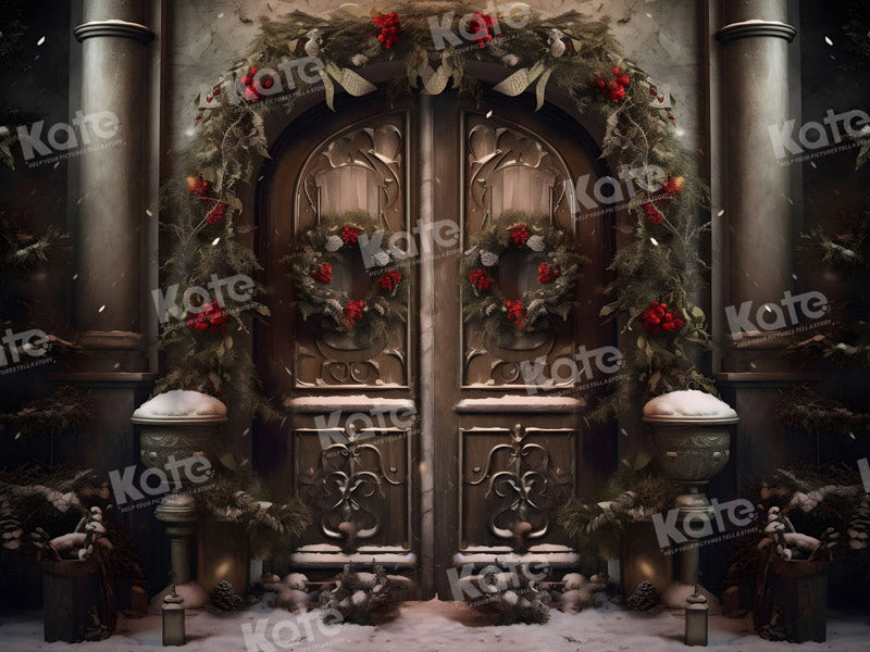 Kerstdeur in Nacht Sneeuw Achtergrond voor Fotografie