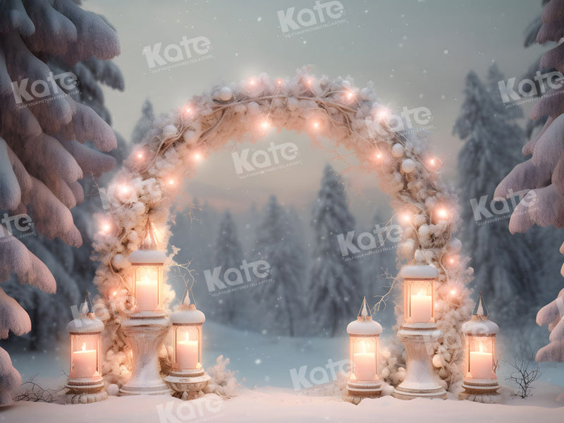 Arco navideño exterior con luces de nieve para fotografía