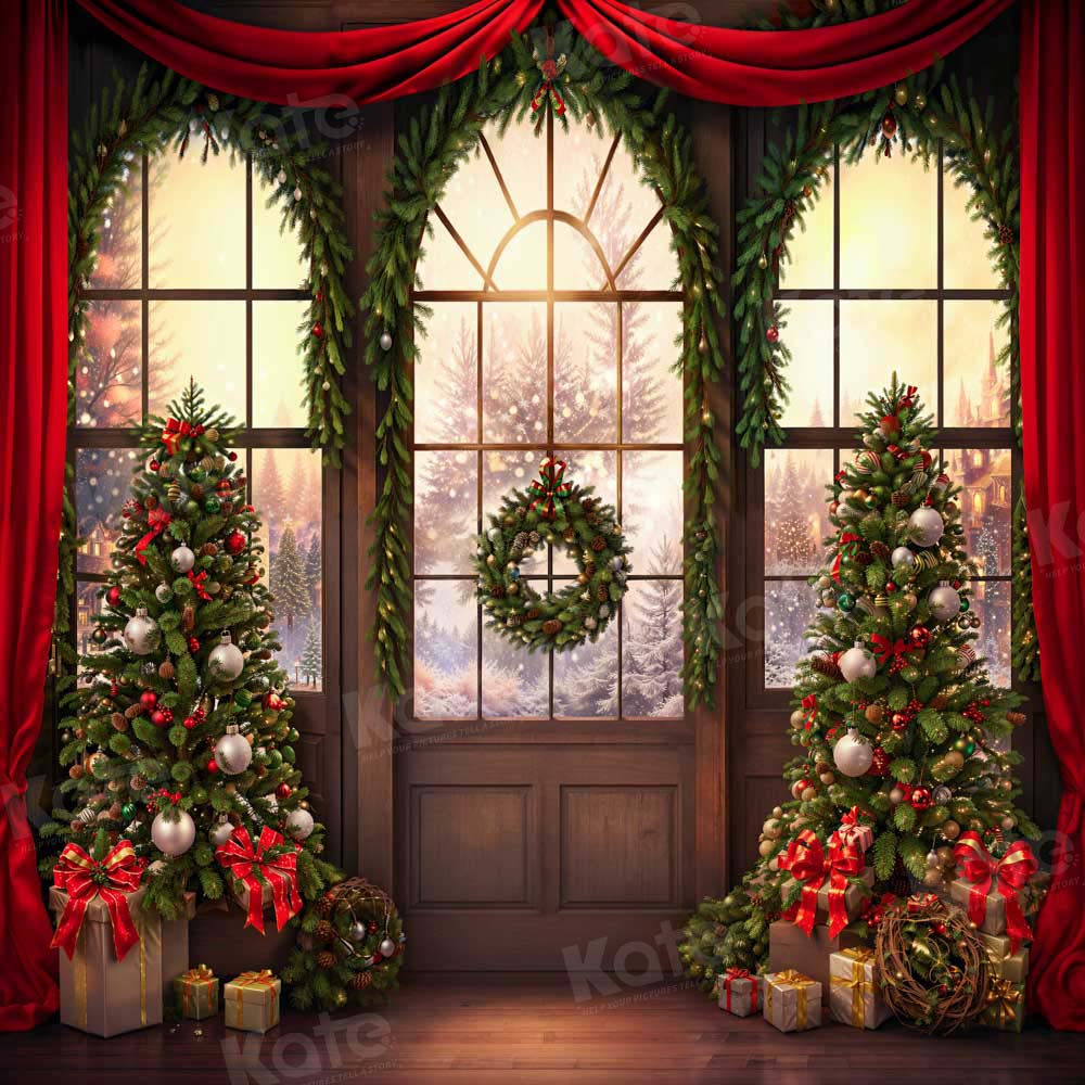 Kate Christmas Tree Window Red Curtain Backdrop Designed by Chain Photography