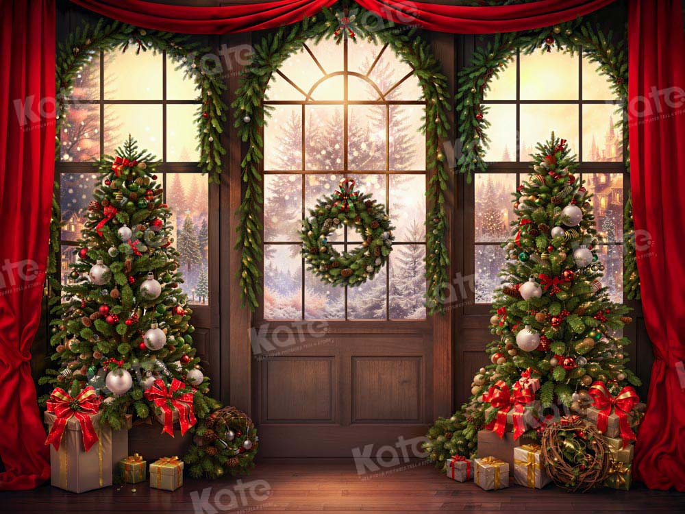 Kate Christmas Tree Window Red Curtain Backdrop Designed by Chain Photography