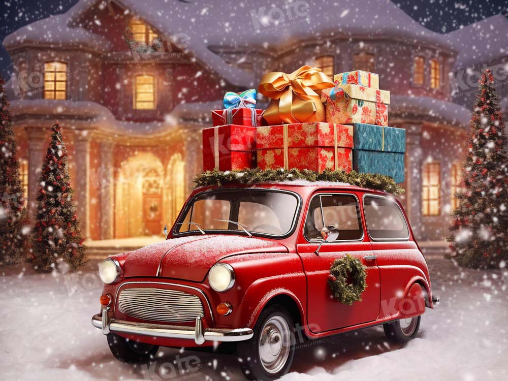 Kerstcadeau Auto Sneeuwstad Foto Achtergrond Ontworpen door Chain Photography