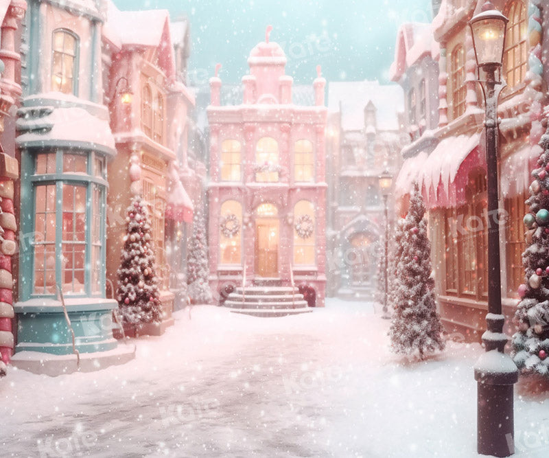 Kate Pink Christmas Snowy Town Candy Backdrop for Photography