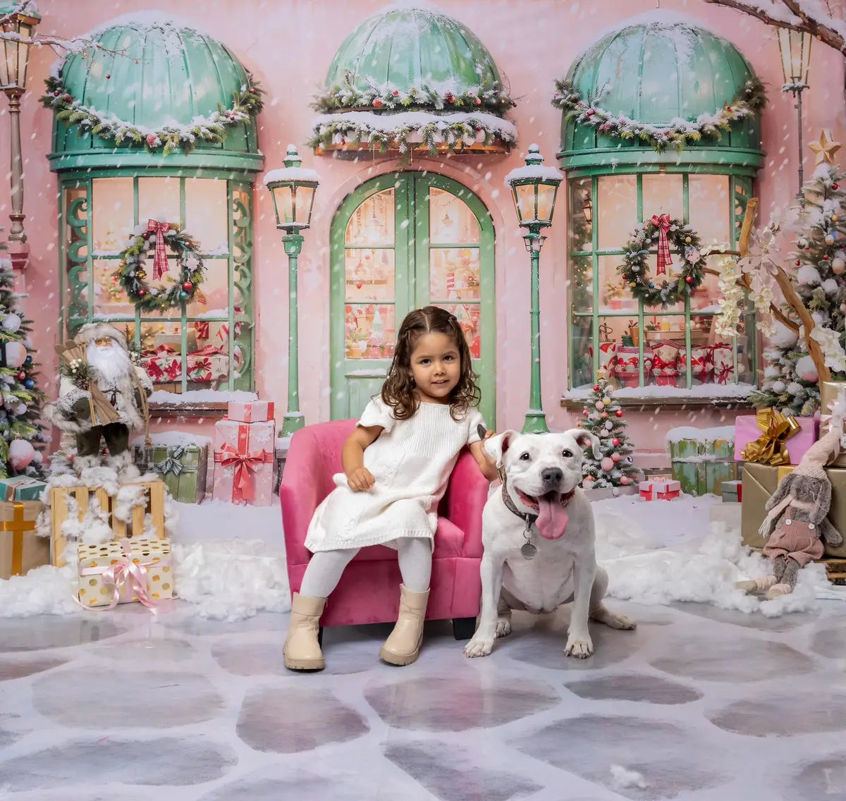 Kate Christmas Pink House Snow Gift Street Backdrop Designed by Chain Photography
