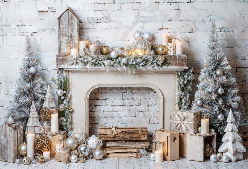 Kate Christmas Fireplace Tree Brick Wall Backdrop Designed by Emetselch