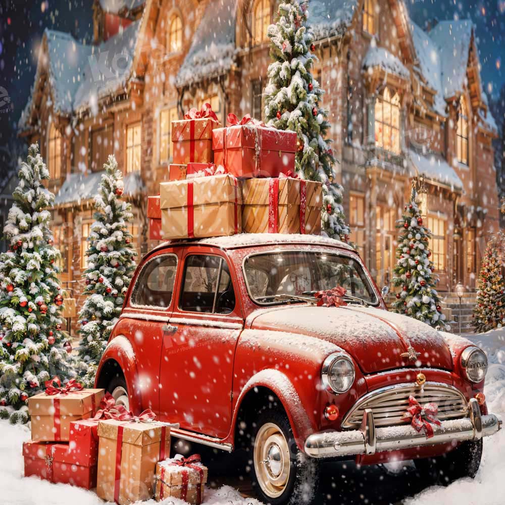 Kate Christmas Red Gift Car Snowy House Backdrop Designed by Chain Photography