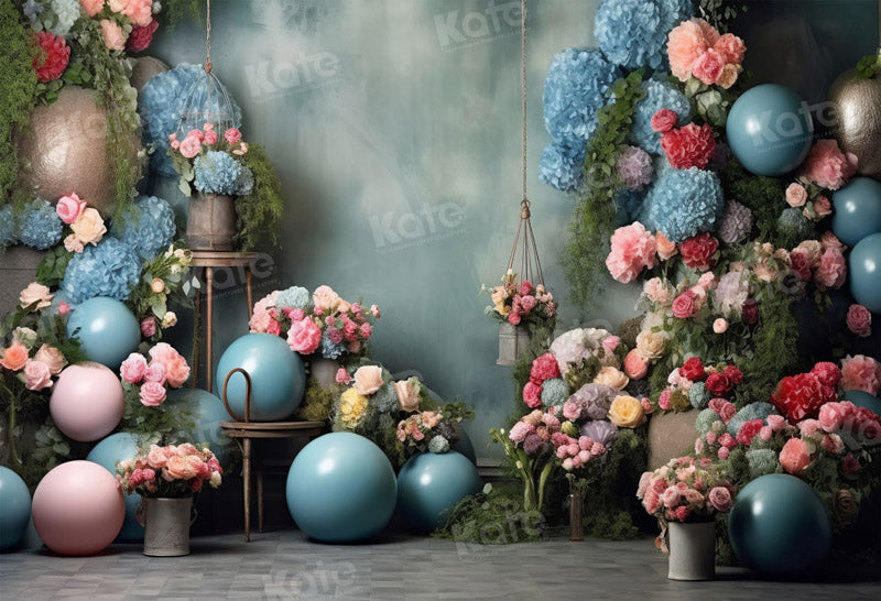 Kate Blue Balloon Full of Flower Cake Smash Birthday Backdrop for Phot