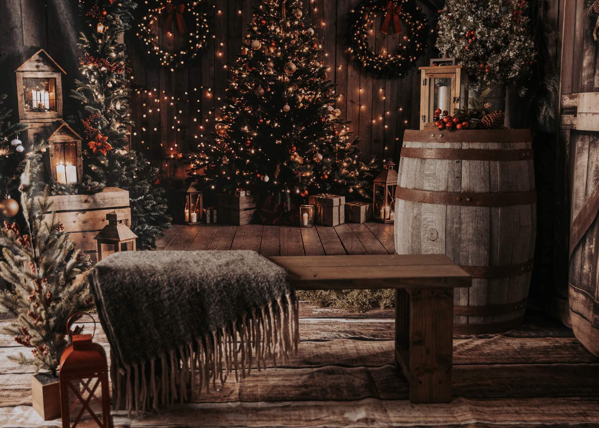 Kate Christmas Night Dark Brown Wooden Arched Barn Door Backdrop Designed by Chain Photography