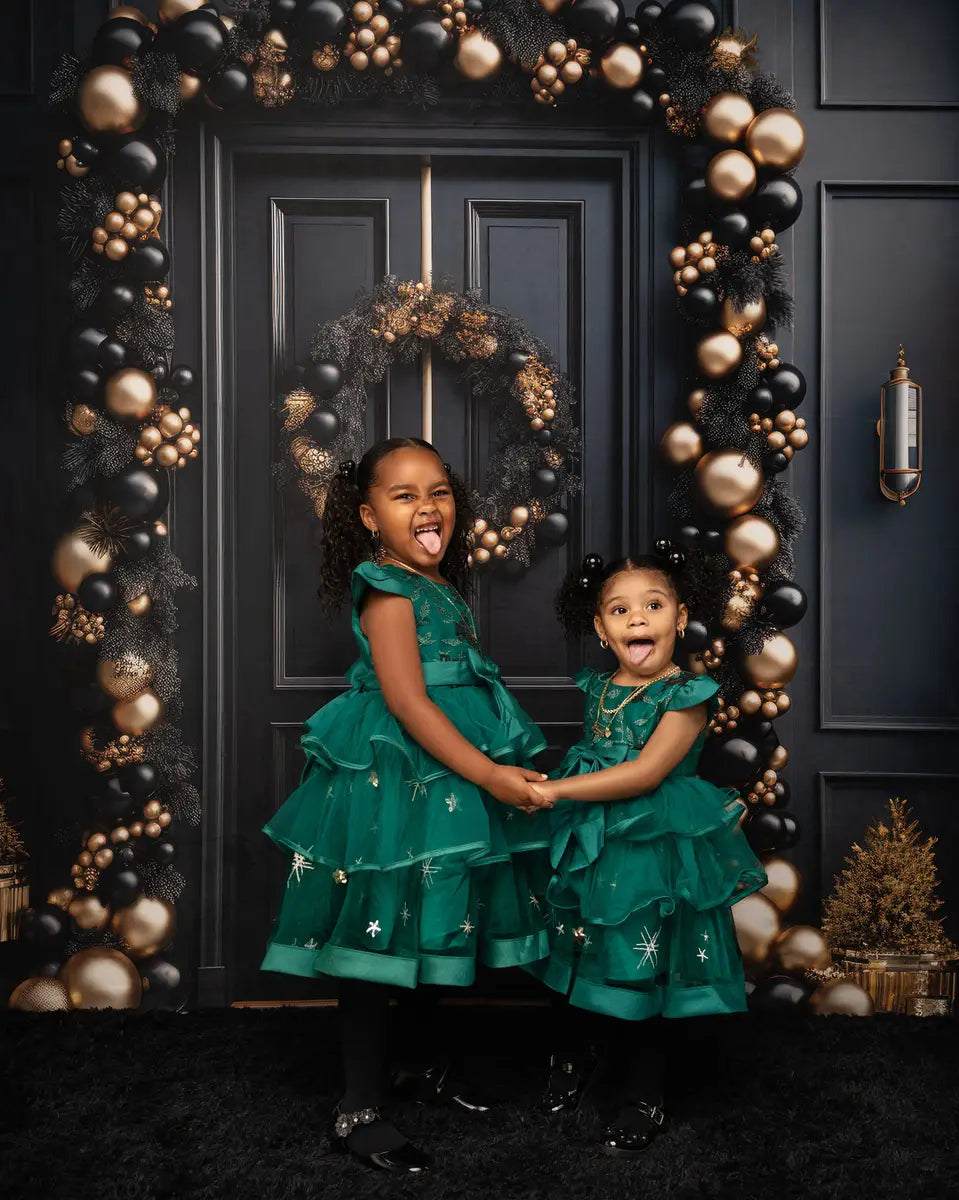 Elegante fondo de puerta delantero navideño en negro y oro diseñado por Mandy Ringe Photography