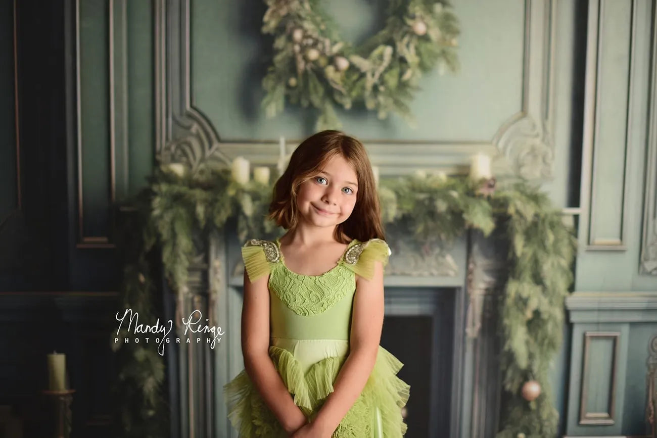 Kate Elegant Fireplace with Christmas Greenery Backdrop Designed by Mandy Ringe Photography