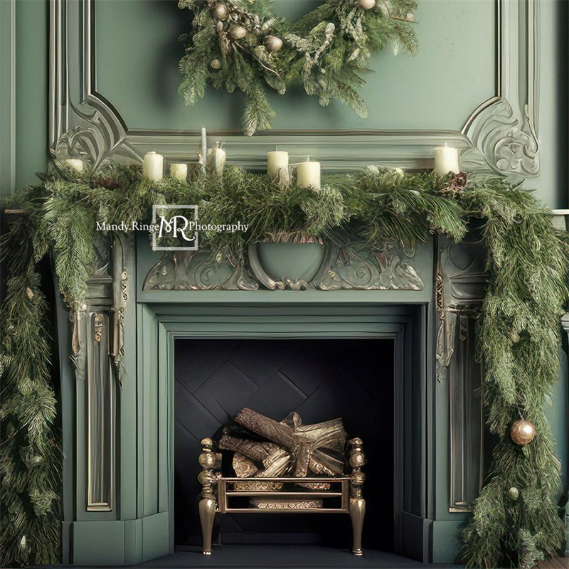 Kate Elegant Fireplace with Christmas Greenery Fleece Backdrop Designed by Mandy Ringe Photography