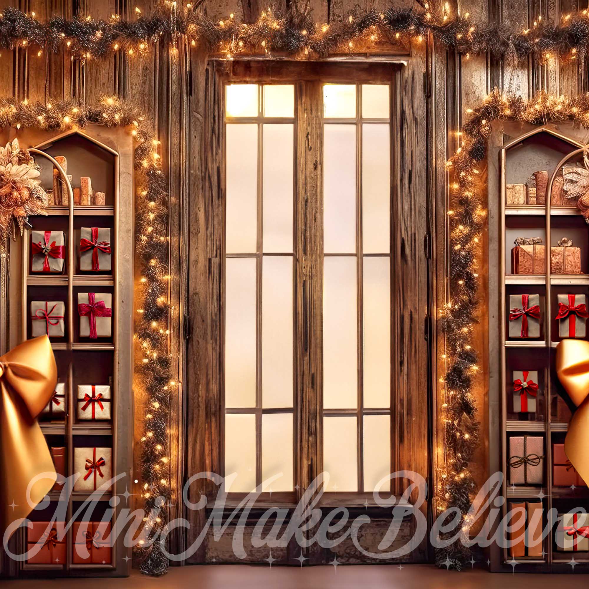 Kate Brown Rustic Library Winter Christmas Gift Backdrop Designed by Mini MakeBelieve