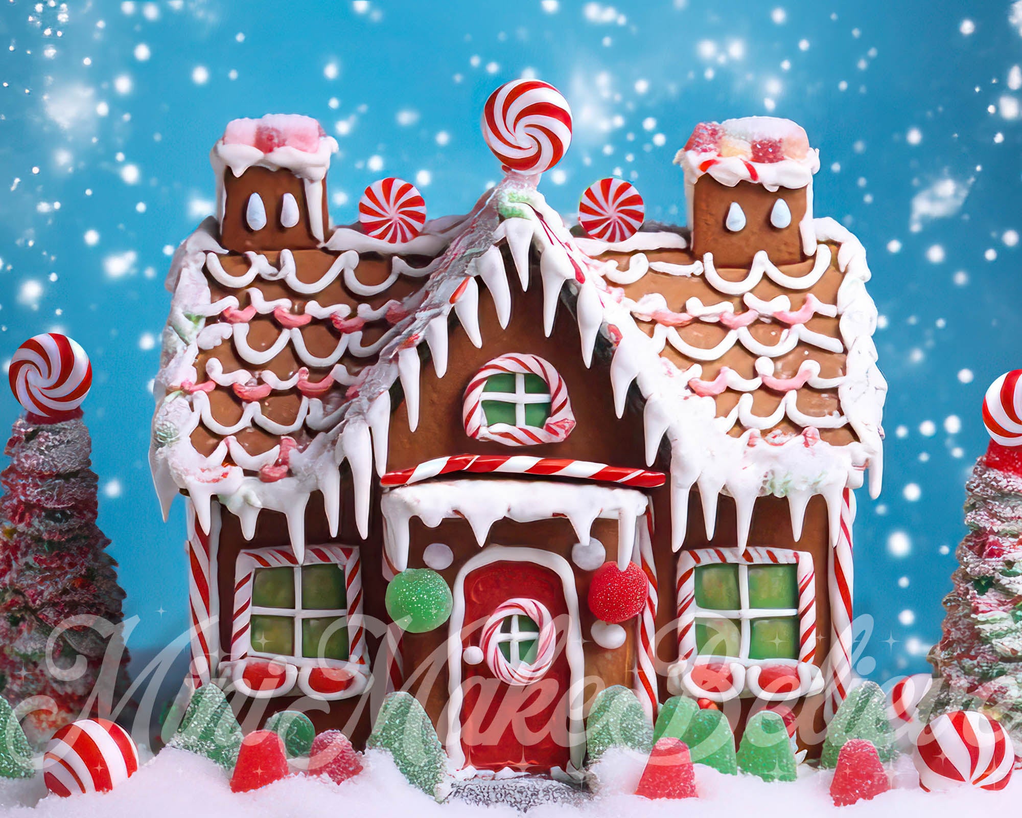 Kate Christmas Colorful Gingerbread House with Snow Winter Backdrop Designed by Mini MakeBelieve