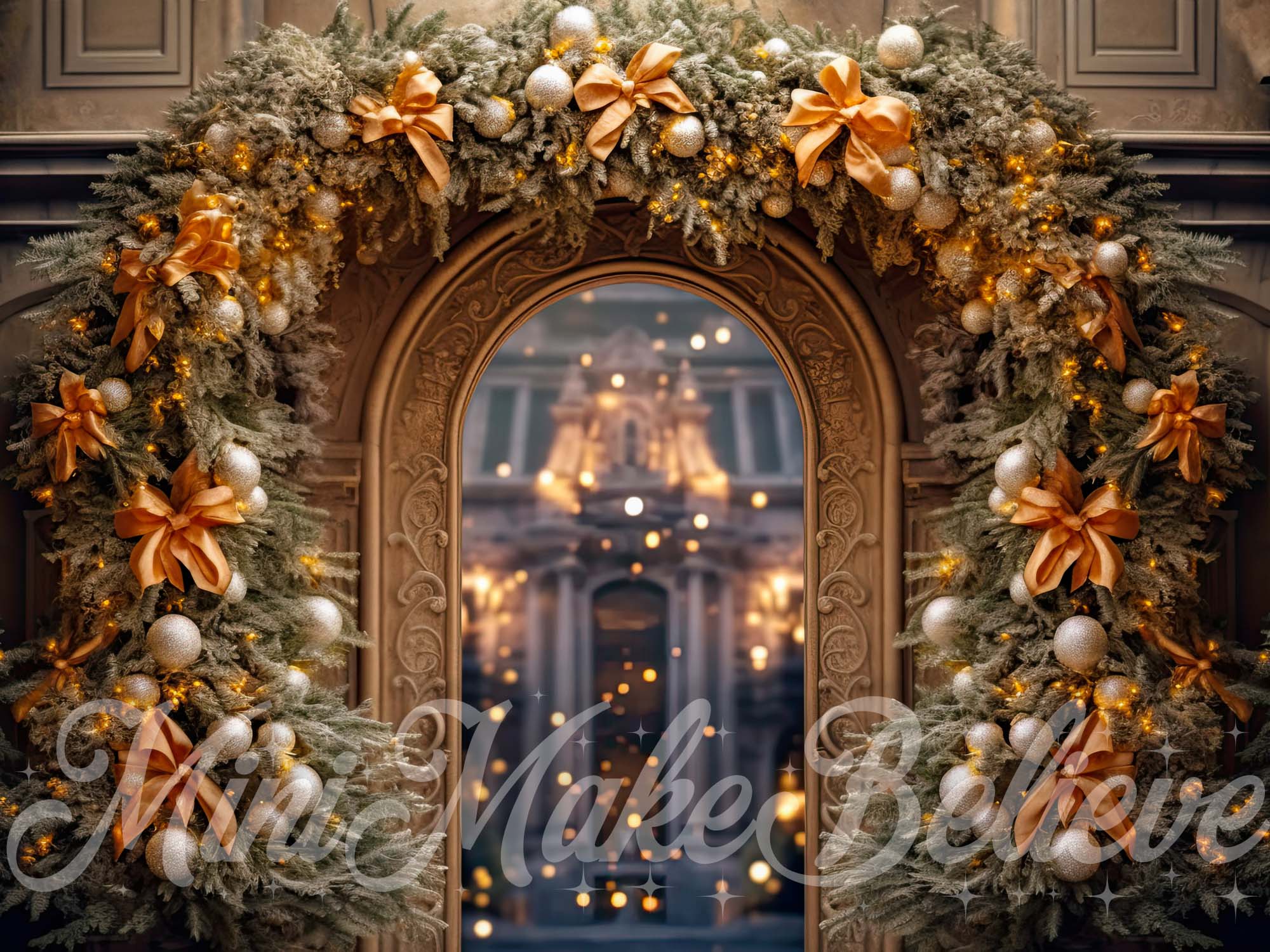 Kerstbloemenboog met lichtslinger Winterachtergrond Ontworpen door Mini MakeBelieve