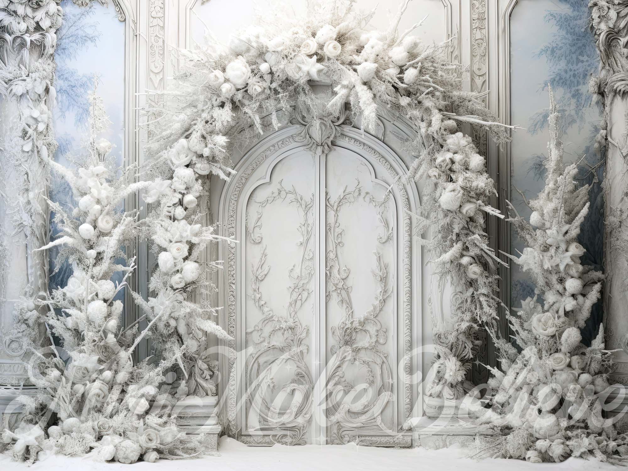 Kate Christmas Frosted Arch Over Doors Winter Backdrop Designed by Mini MakeBelieve